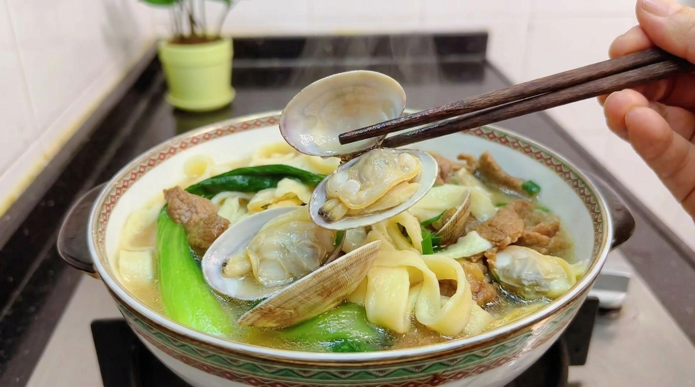 Zuppa di Noodle con Vongole e Carne Magra
