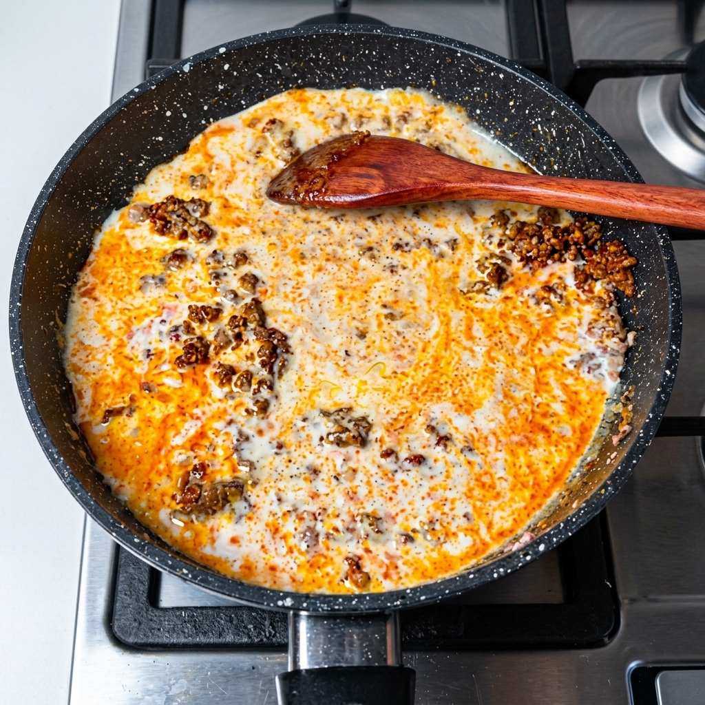 Una padella sul fornello con la miscela di salsa pronta.