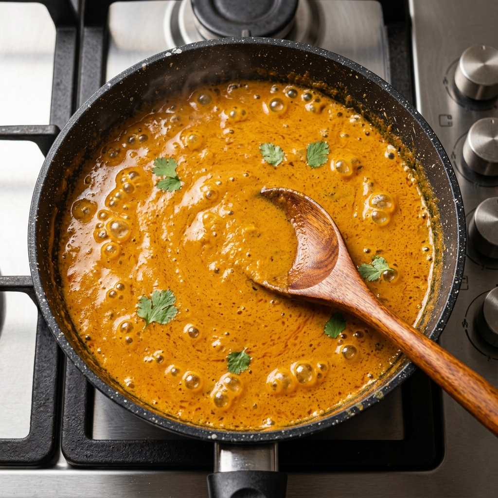 Una densa salsa arancione a base di shacha e manzo che sobbolle e viene mescolata in padella.