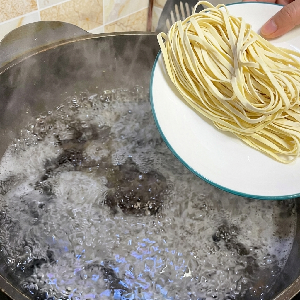 Una mano regala un piatto bianco e versa dei noodles piatti crudi in una pentola di acqua bollente.