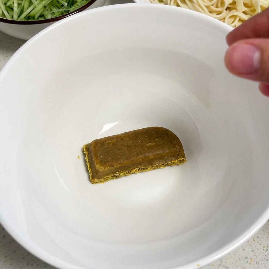 Un cubetto rettangolare di curry sul fondo di una ciotola di ceramica bianca vuota.