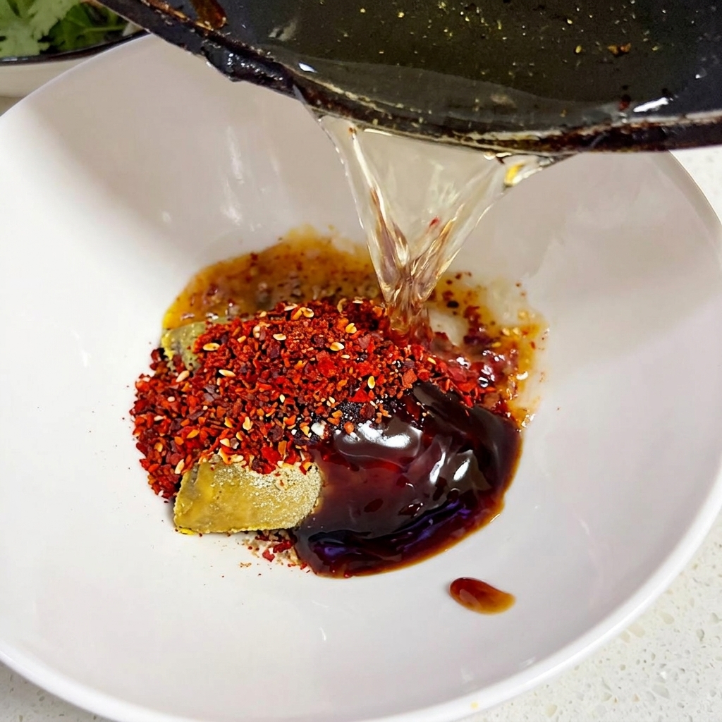 Olio bollente versato da una padella scura sopra scaglie di peperoncino e un cubetto di curry in una ciotola bianca.