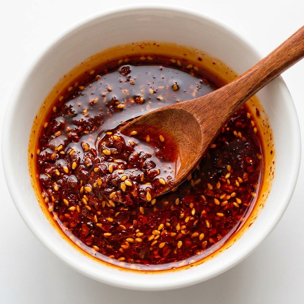Una salsa rosso scuro, lucida, al curry e peperoncino mischiata con semi di sesamo in una ciotola bianca, con un cucchiaio di legno.