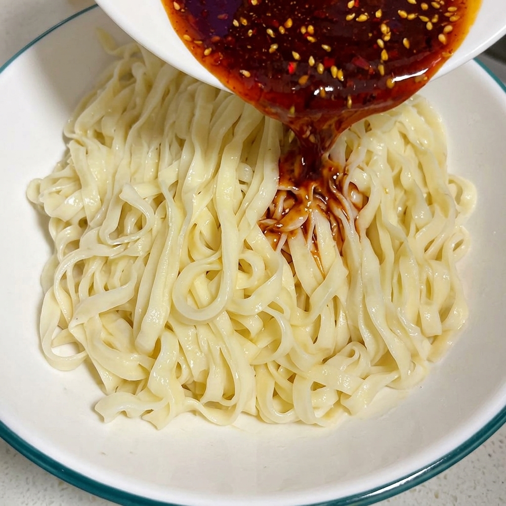 Salsa densa rosso scuro al peperoncino e curry versata da una piccola ciotola sopra un letto di noodles piatti cotti in una ciotola più grande.