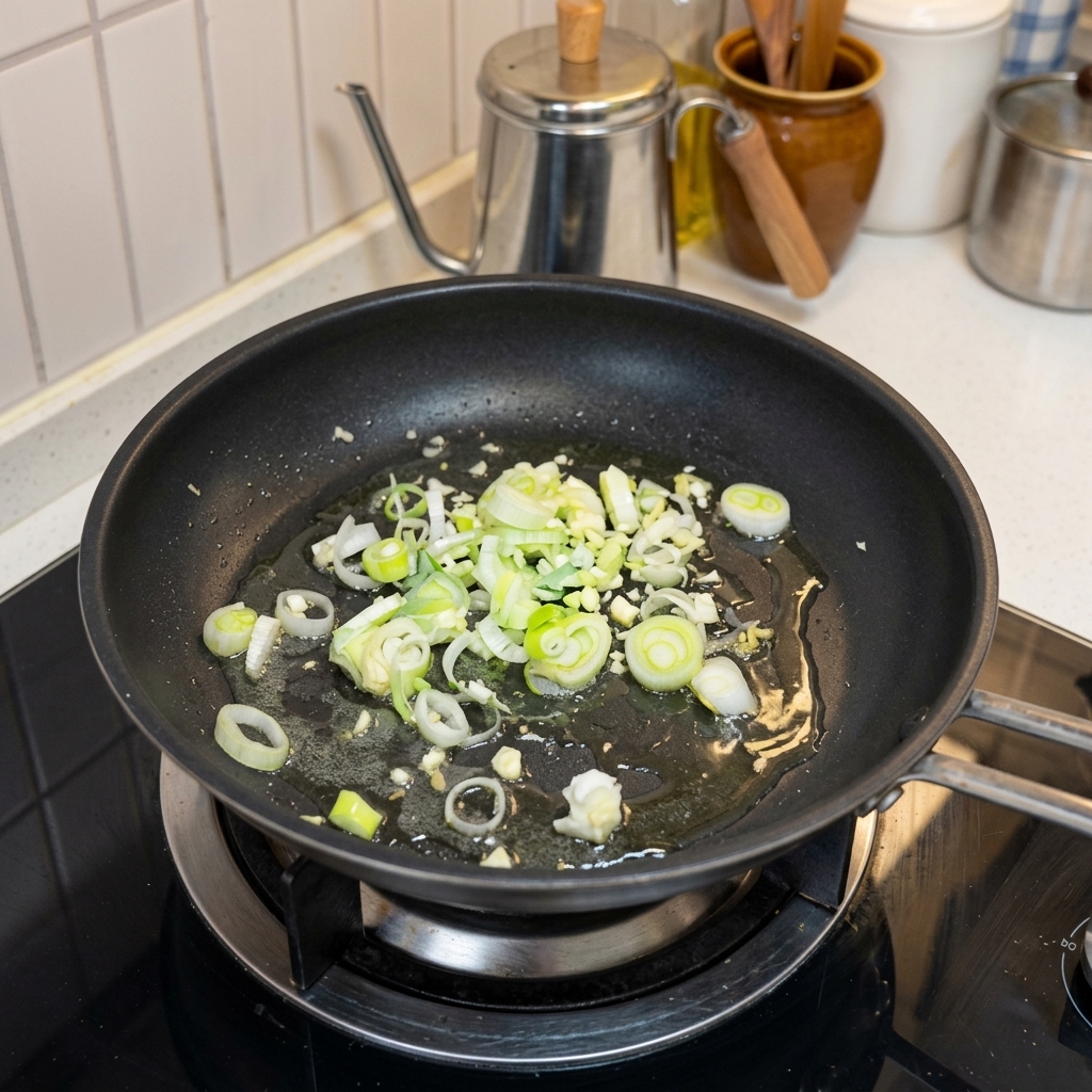 Aglio tritato e cipollotti che soffriggono in una padella calda con olio.