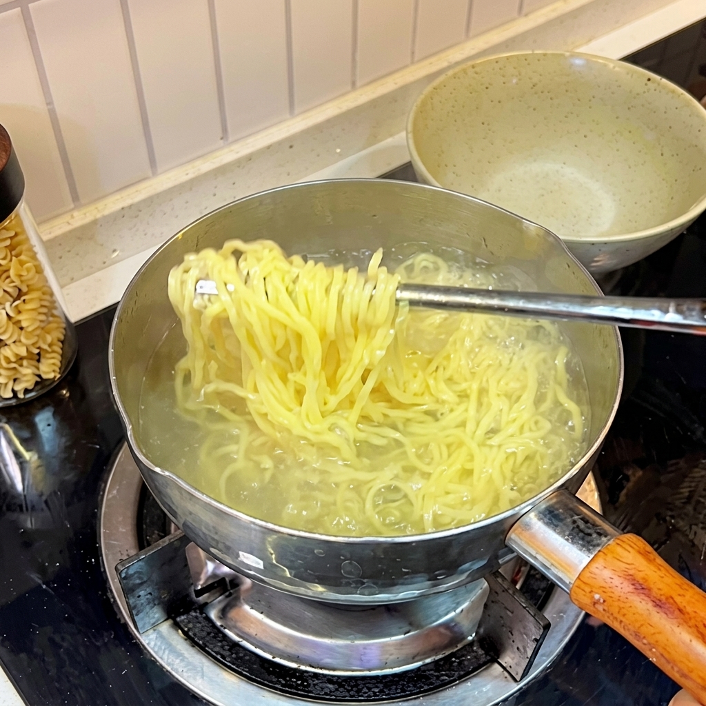 Noodles ramen appena bolliti sciacquati sotto acqua fredda in uno scolapasta.