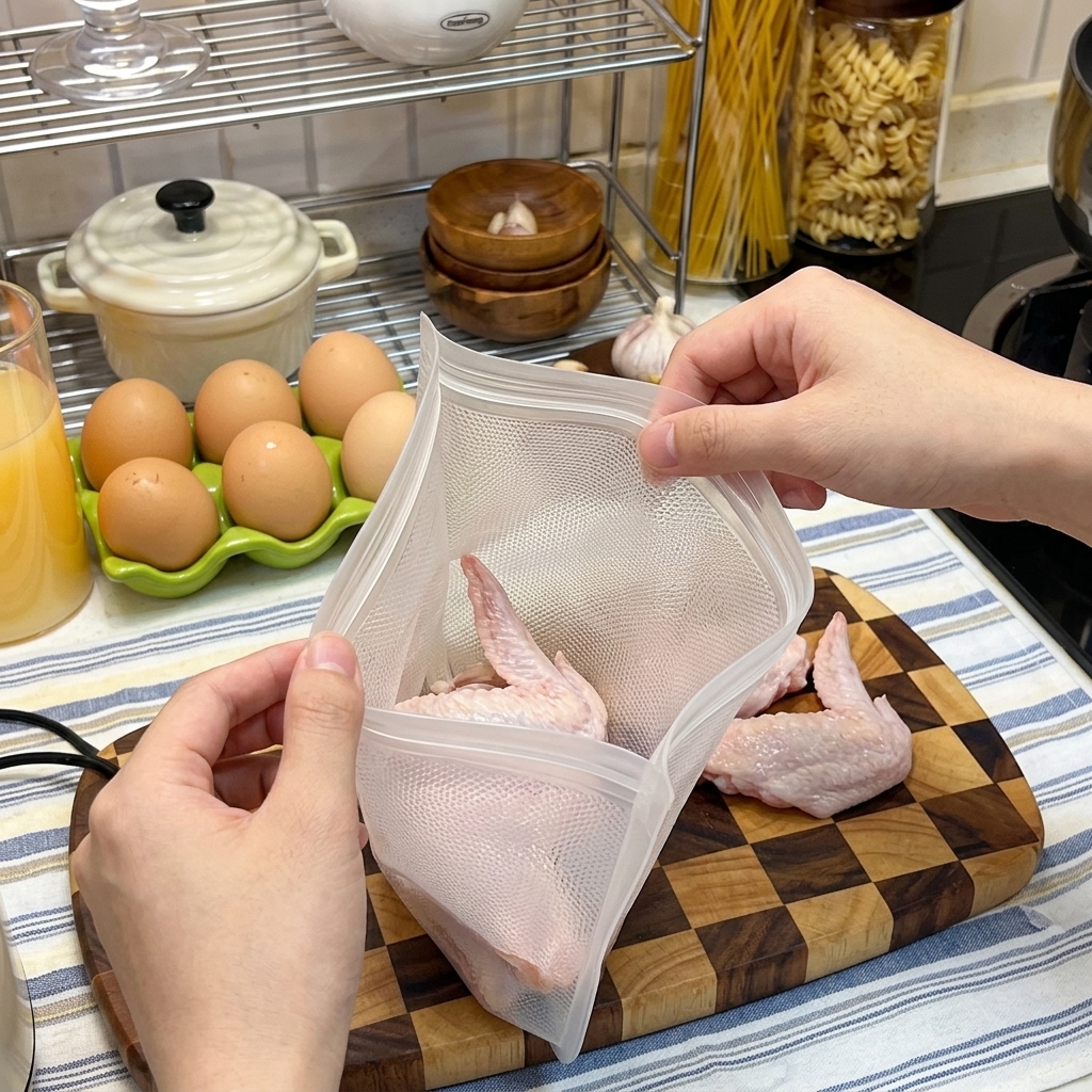 Alette di pollo sigillate in un sacchetto di plastica con salsa di soia.