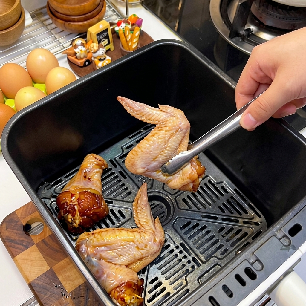 Alette di pollo marinate disposte ordinatamente nel cestello della friggitrice ad aria.