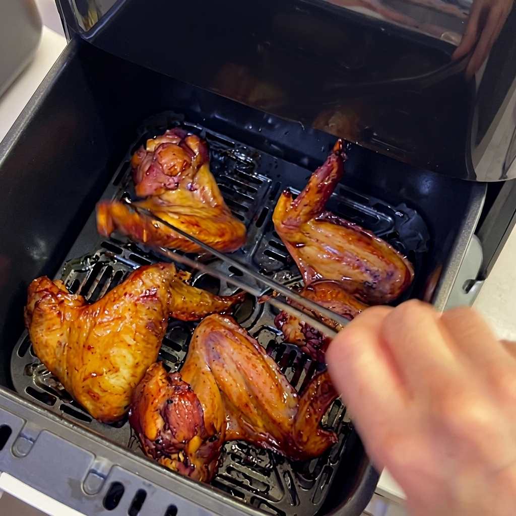 Alette di pollo croccanti nella friggitrice ad aria girate con pinze dargento.
