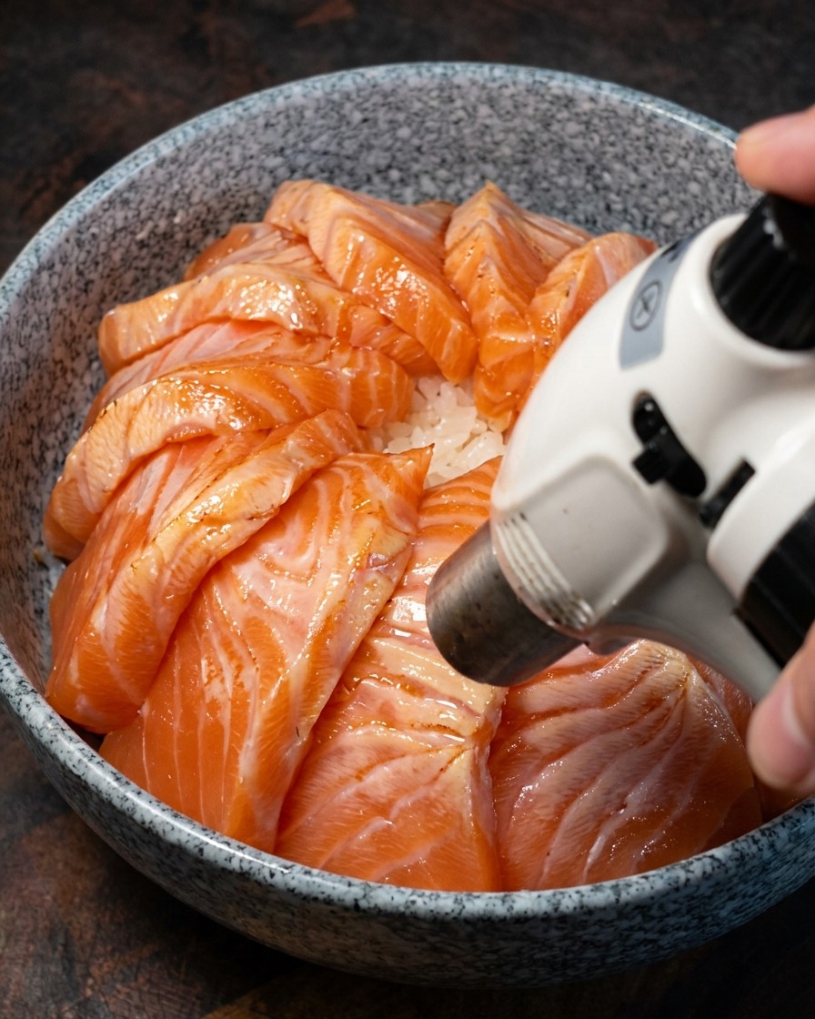 Un cannello da cucina che scotta lo strato superiore di fette di salmone su una ciotola di riso.