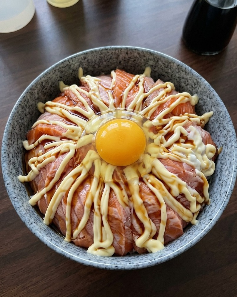 Un bowl di salmone con un uovo morbido e cremoso posizionato al centro.