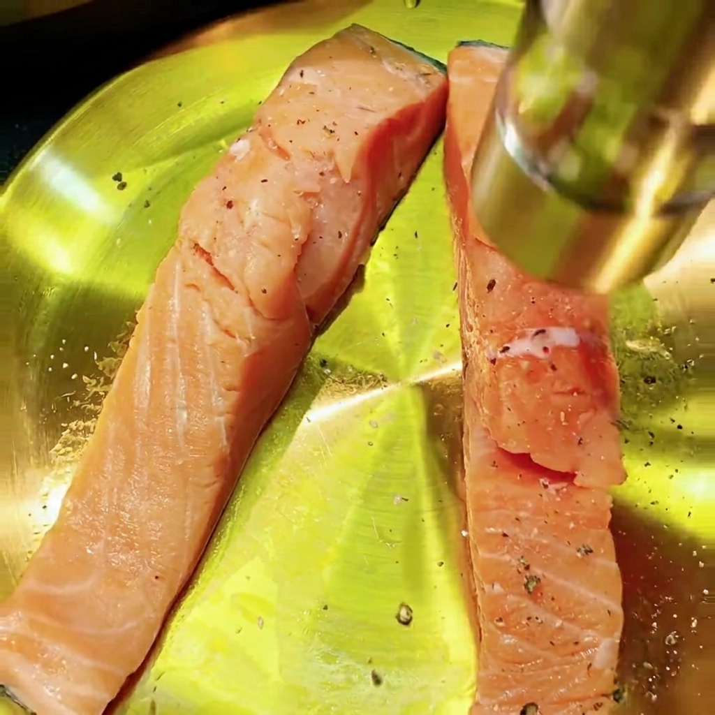 Due filetti di salmone crudo su un piatto giallo, conditi con un macinapepe nero.