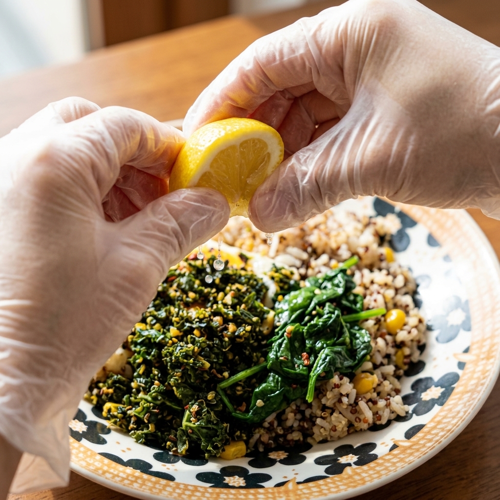 Mani con guanti spremono mezzo limone fresco direttamente su una bowl di riso e salmone.