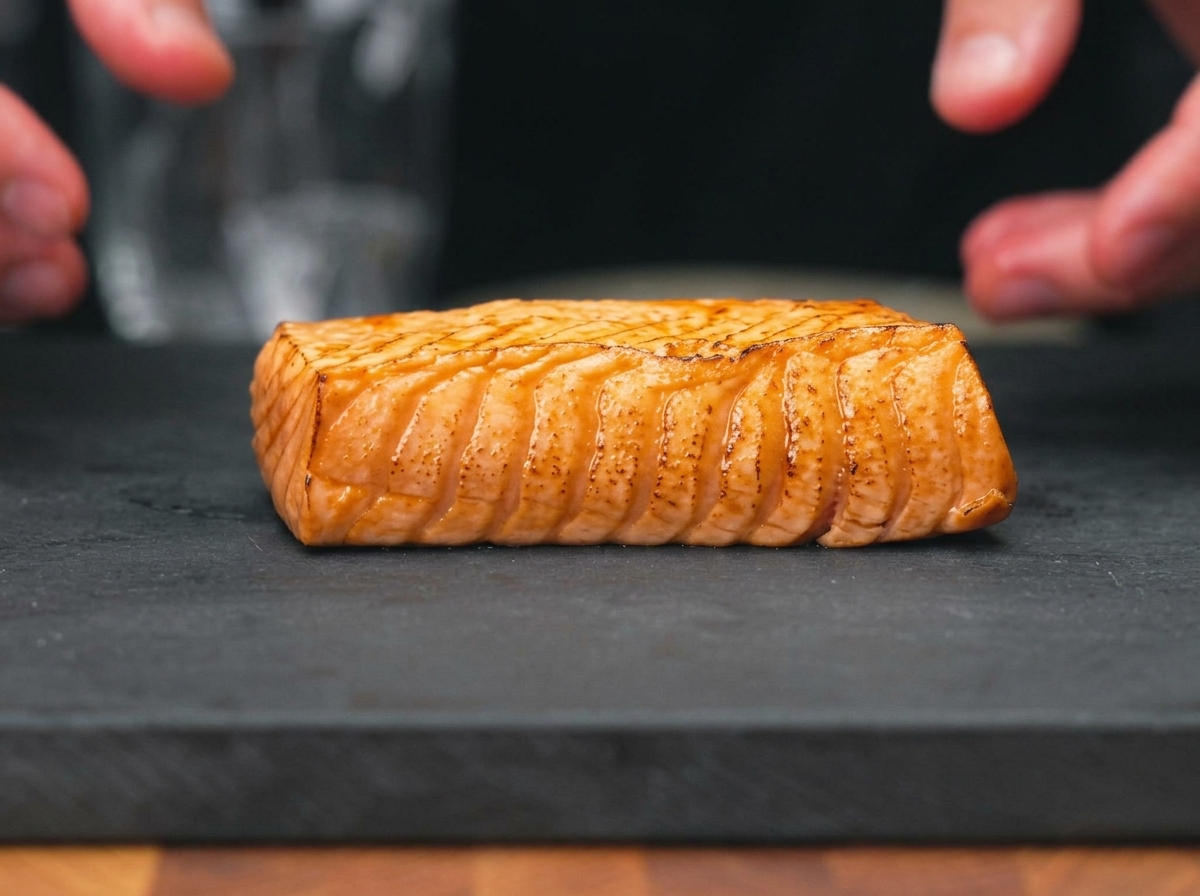 Un pezzo di salmone marinato e scottato che viene tagliato in fette spesse e uniformi su un tagliere scuro.