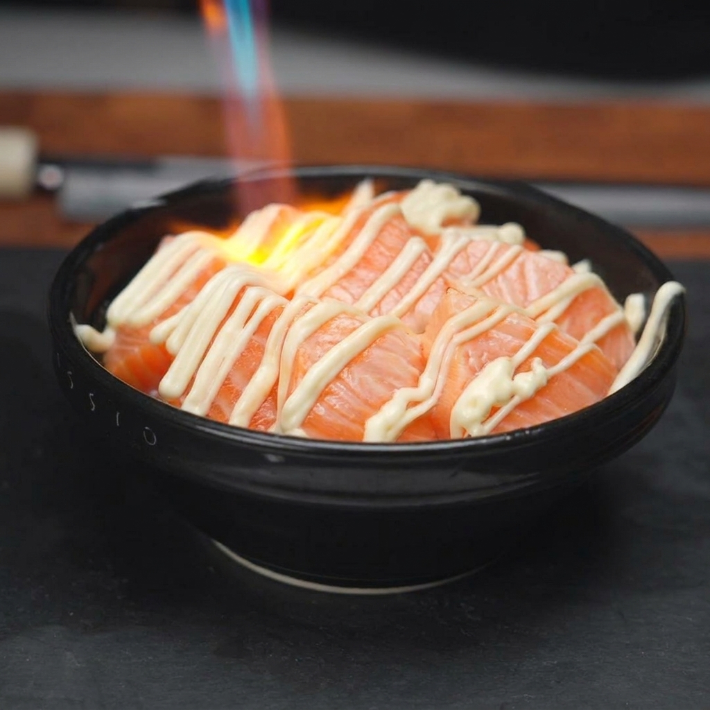La fiamma di un cannello da cucina che scotta la maionese a zig-zag in cima a una ciotola di riso e salmone.