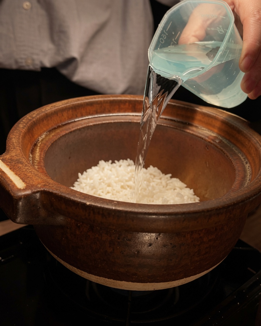 Acqua versata da un misurino in un recipiente di terracotta contenente riso bianco.