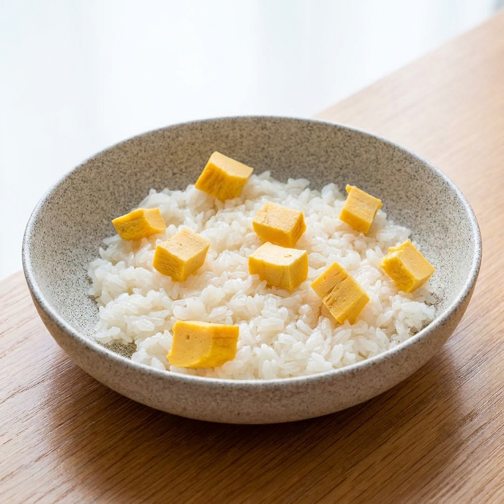 Una ciotola grigia maculata riempita di riso bianco, guarnita con cubetti sparsi di tamagoyaki giallo.
