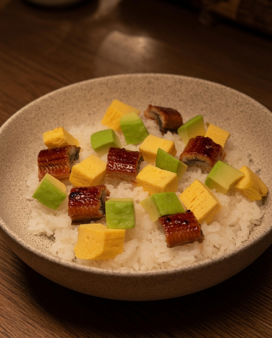 Una ciotola di riso splendidamente guarnita con cubetti di tamagoyaki giallo, pezzi di avocado verde e pezzi di anguilla grigliata glassata.