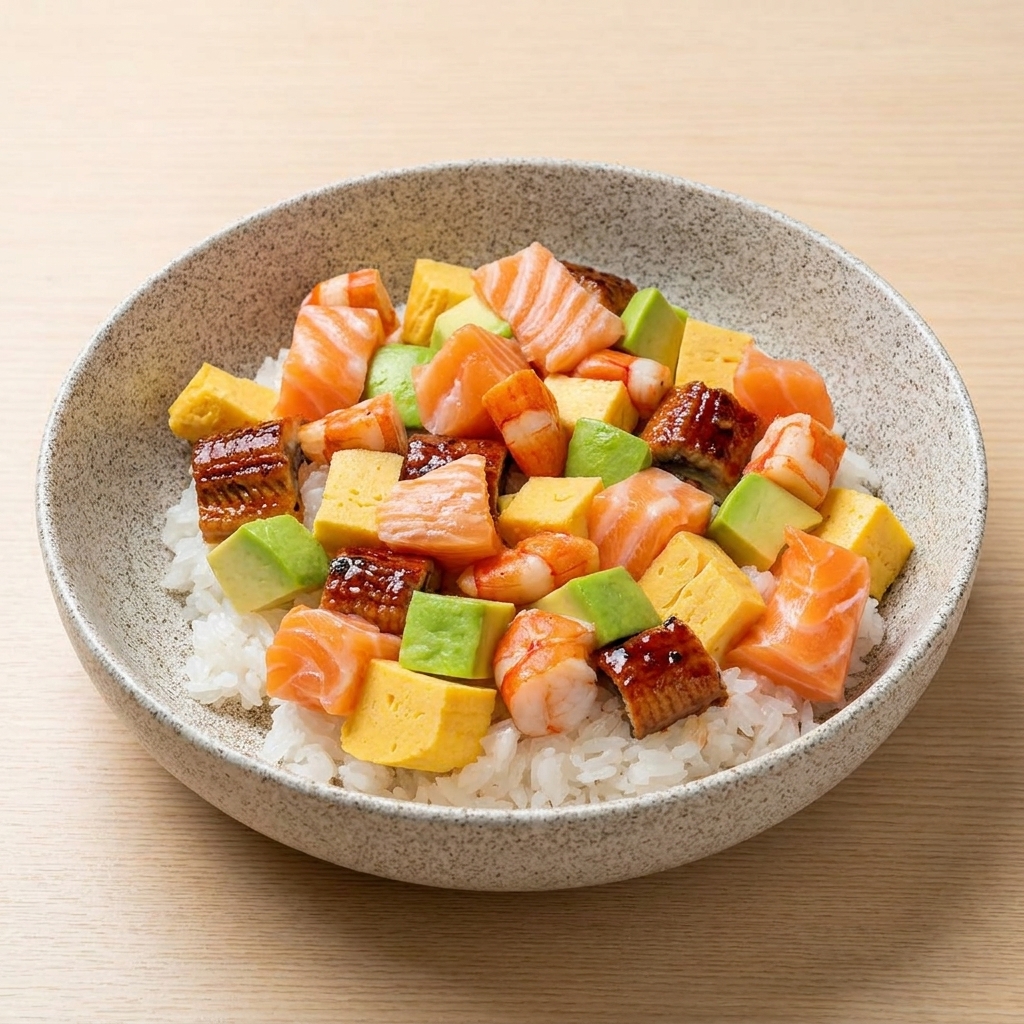 Una ciotola maculata di chirashi sushi guarnita con un mix colorato di cubetti di salmone crudo, tamagoyaki, avocado, anguilla grigliata e gamberi cotti.