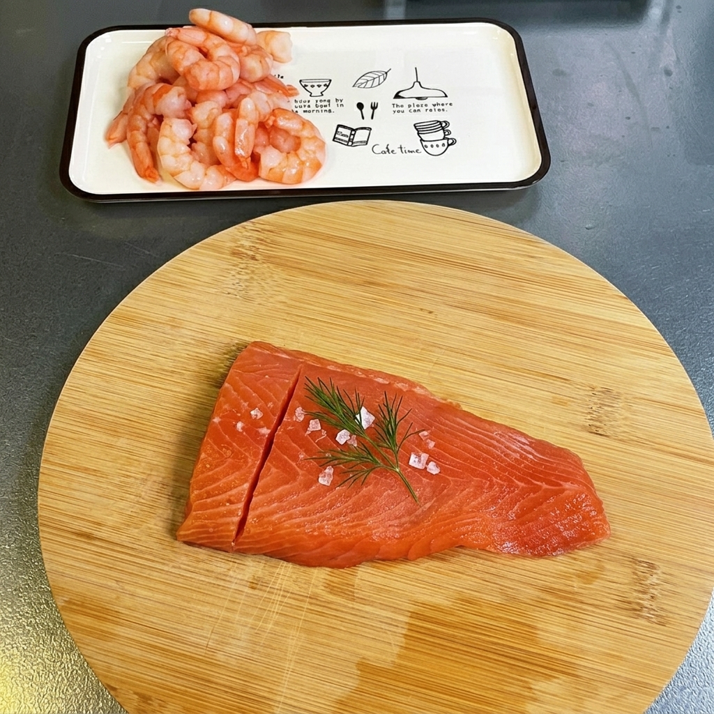 Filetto di salmone fresco tagliato in cubetti uniformi su un tagliere in legno.