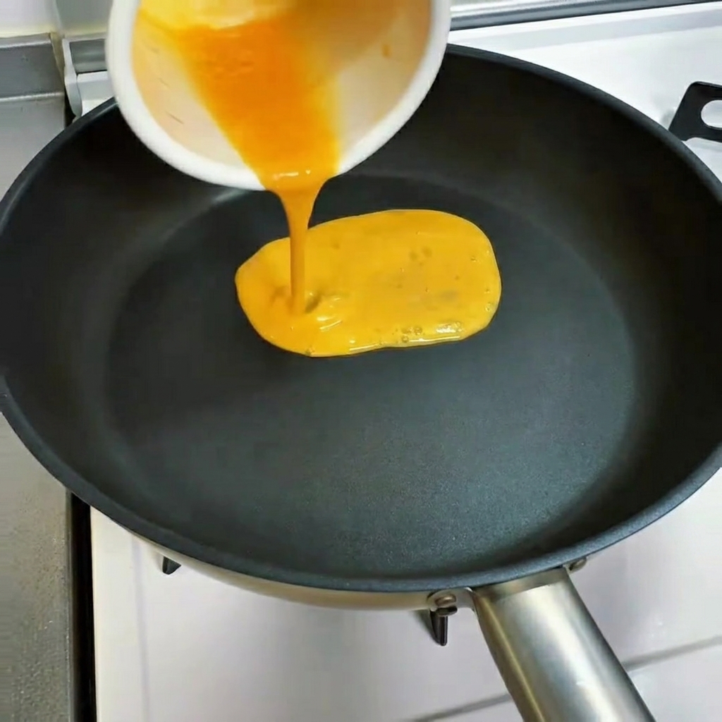 Uovo sbattuto versato in una padella antiaderente calda.