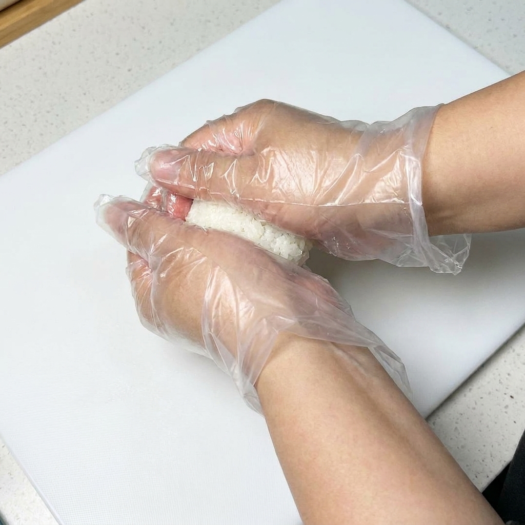 Mani con guanti in plastica che modellano il riso condito in piccole polpette ovali compatte.