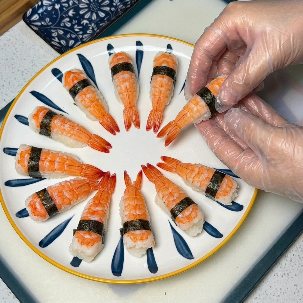 Sushi di gamberi avvolto da una striscia di alga scura al centro.