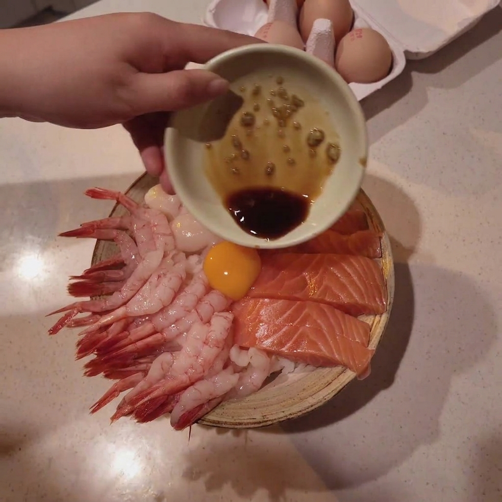Una mano che versa salsa di soia condita sulla bowl di pesce e riso.