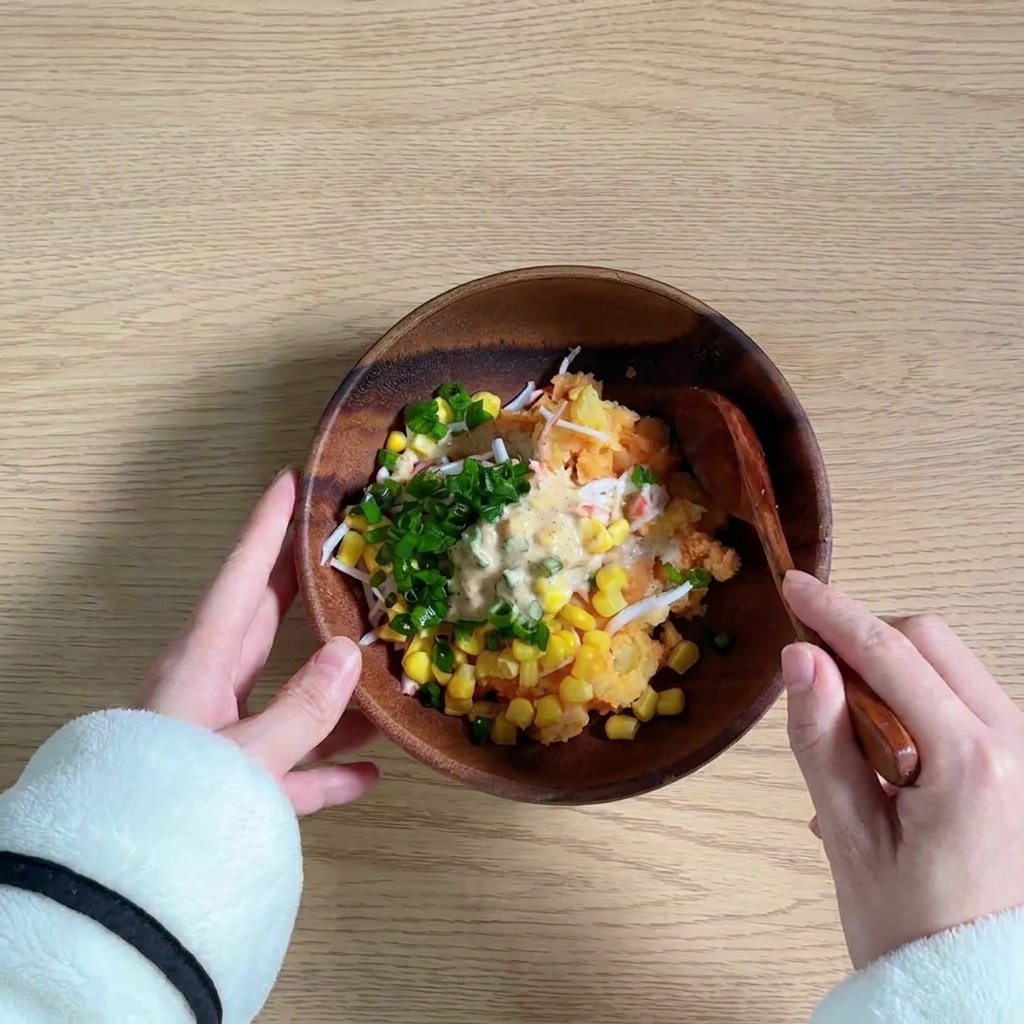 Purè di patate unito a bastoncini di surimi, mais e verdure in una ciotola.