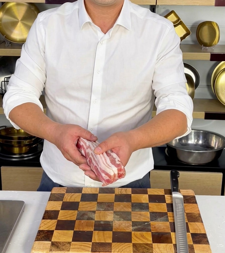 Primo piano di uno chef che taglia la pancetta cruda in strisce uniformi di 0,5 cm su un tagliere di legno.