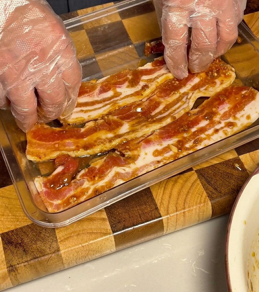 Pancetta marinata riposta ordinatamente in un contenitore di vetro, coperta con la salsa saporita.