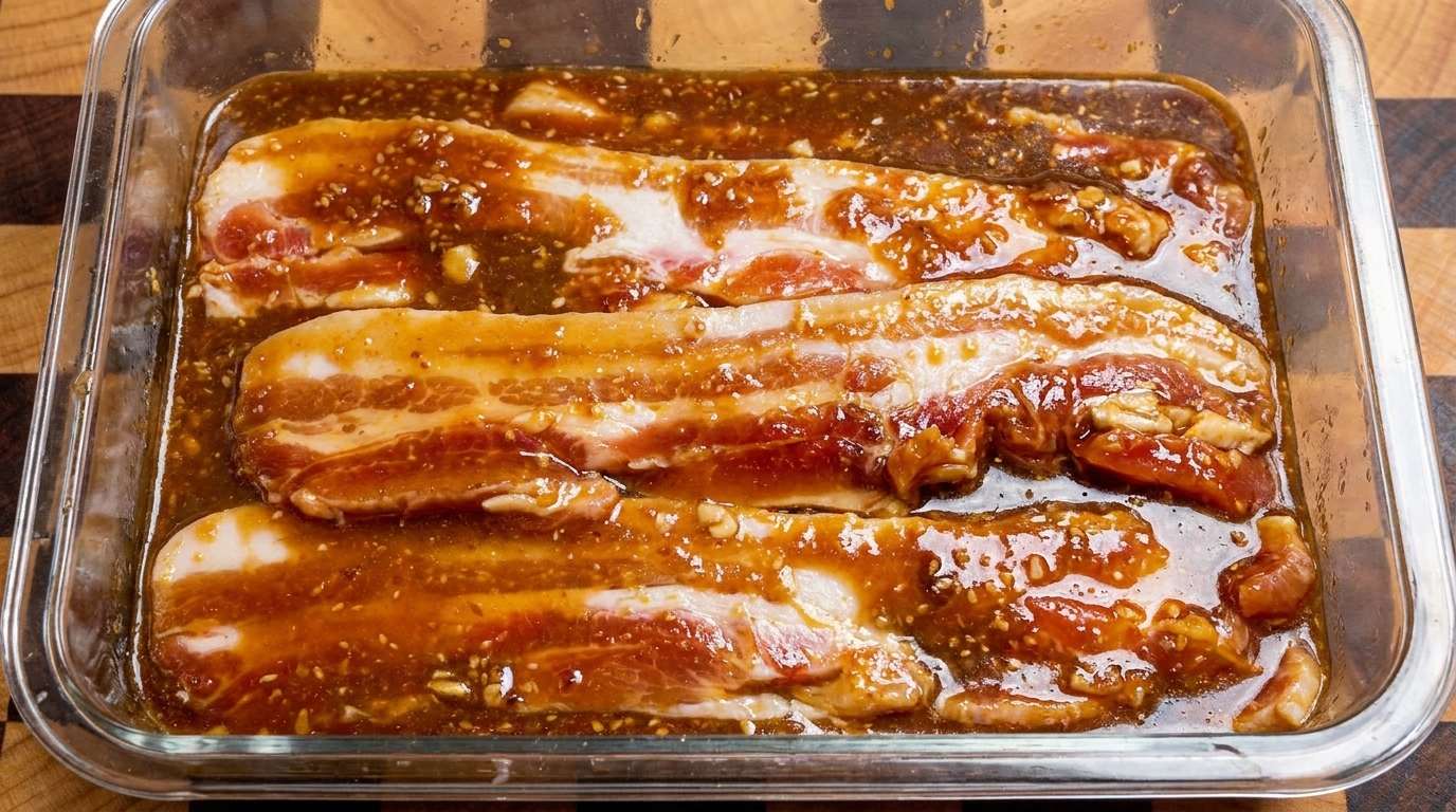 Fettine di pancetta di maiale marinate in una ricca salsa saporita a base di Doenjang.