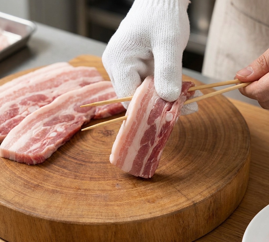 Fette di pancetta di maiale cruda infilzate su spiedini di legno da una mano che indossa un guanto bianco.