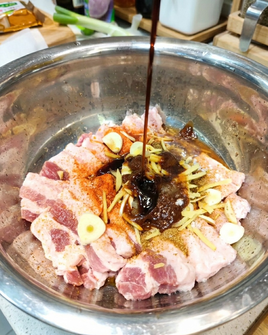 Condimento liquido scuro versato sulla carne nella ciotola di miscelazione.