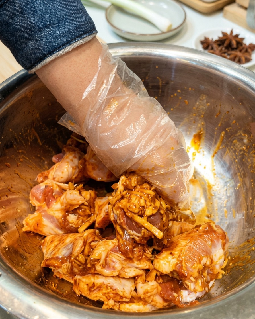 Una mano guantata mescola le fette di carne cruda con gli ingredienti della marinata in una ciotola.