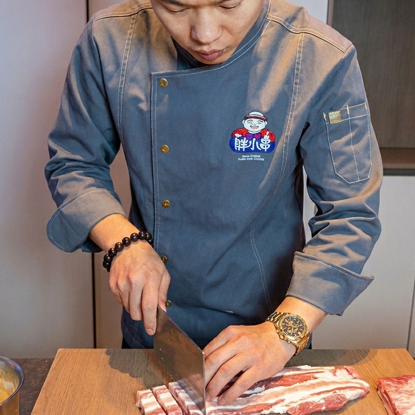 Chef che taglia la pancetta di maiale cruda in cubetti uniformi su un tagliere di legno.