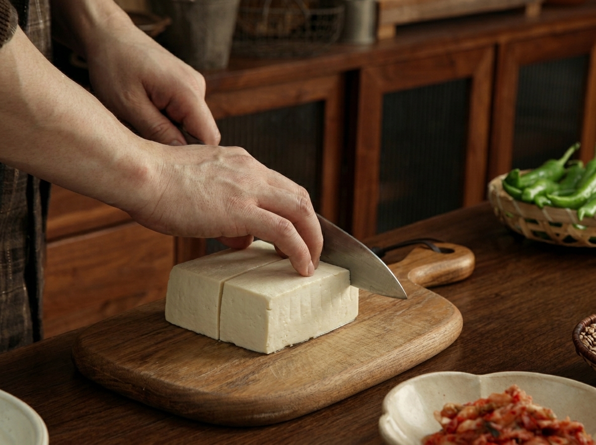 Fette spesse di tofu bianco morbido su un tagliere di legno.