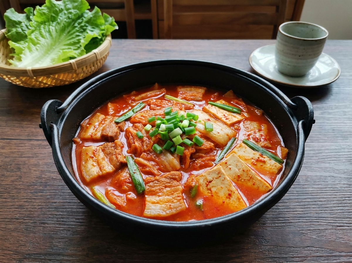 Kimchi, pasta di peperoncino e peperoncino in polvere aggiunti in pentola.