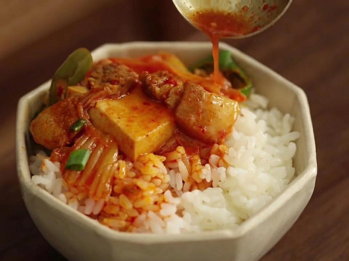 Il mix di maiale, verdure e kimchi che cuoce in pentola.