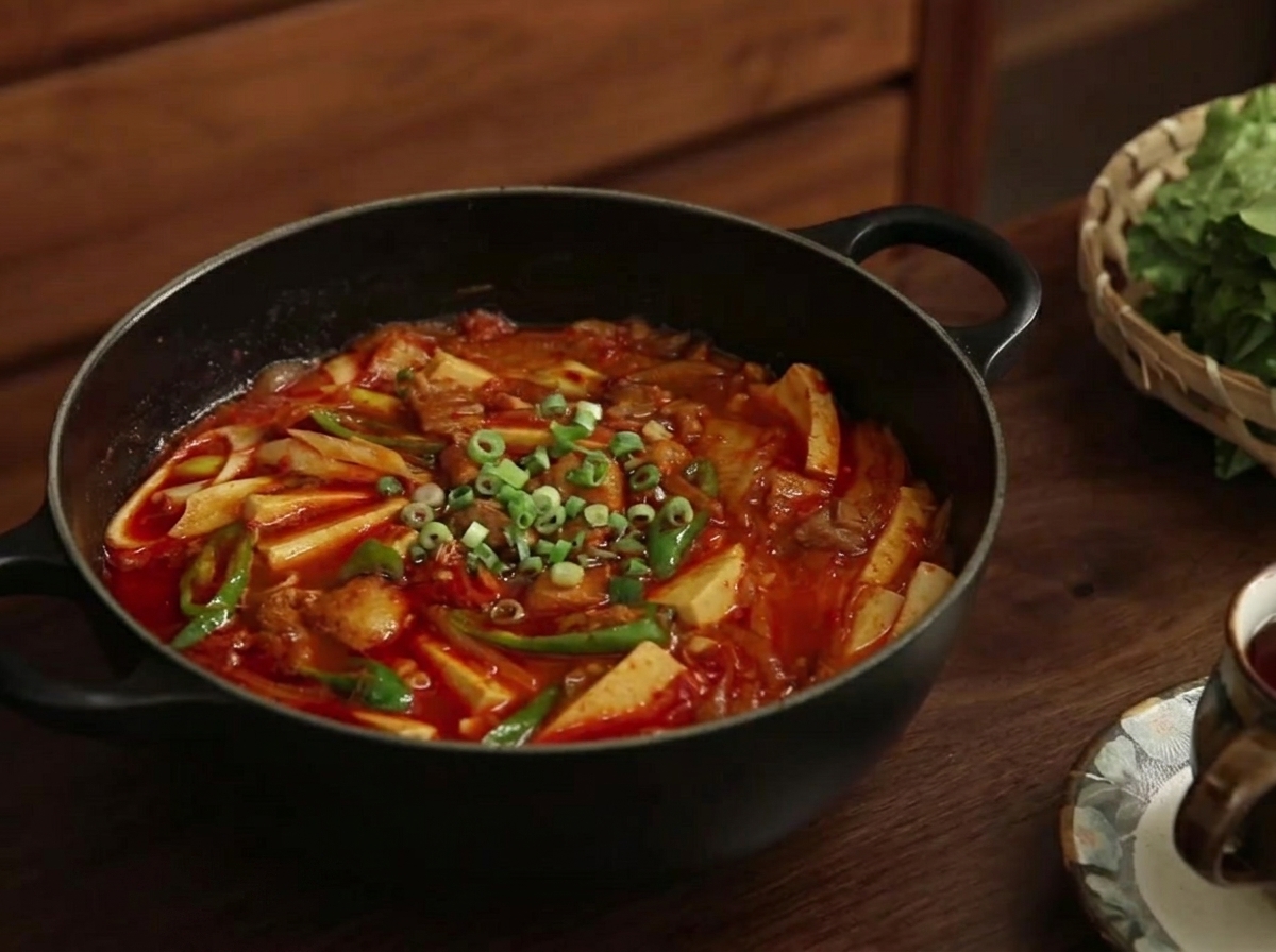 Cipollotto tritato cosparso sopra lo stufato di kimchi e maiale finito.