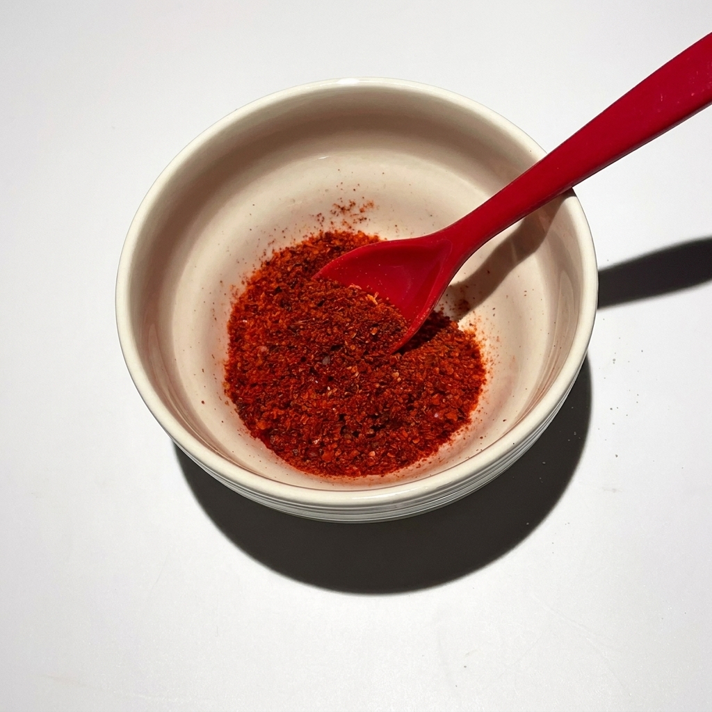 Primo piano di un cucchiaio che aggiunge peperoncino in polvere e altri condimenti in una ciotola per la salsa base.