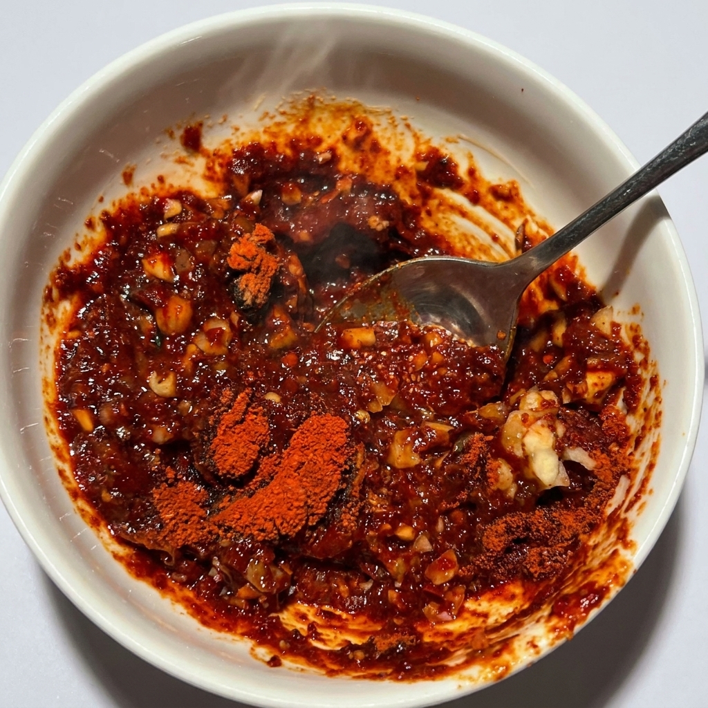 Un cucchiaio di metallo che amalgama una salsa densa e rosso vibrante allinterno di una ciotola di ceramica bianca.