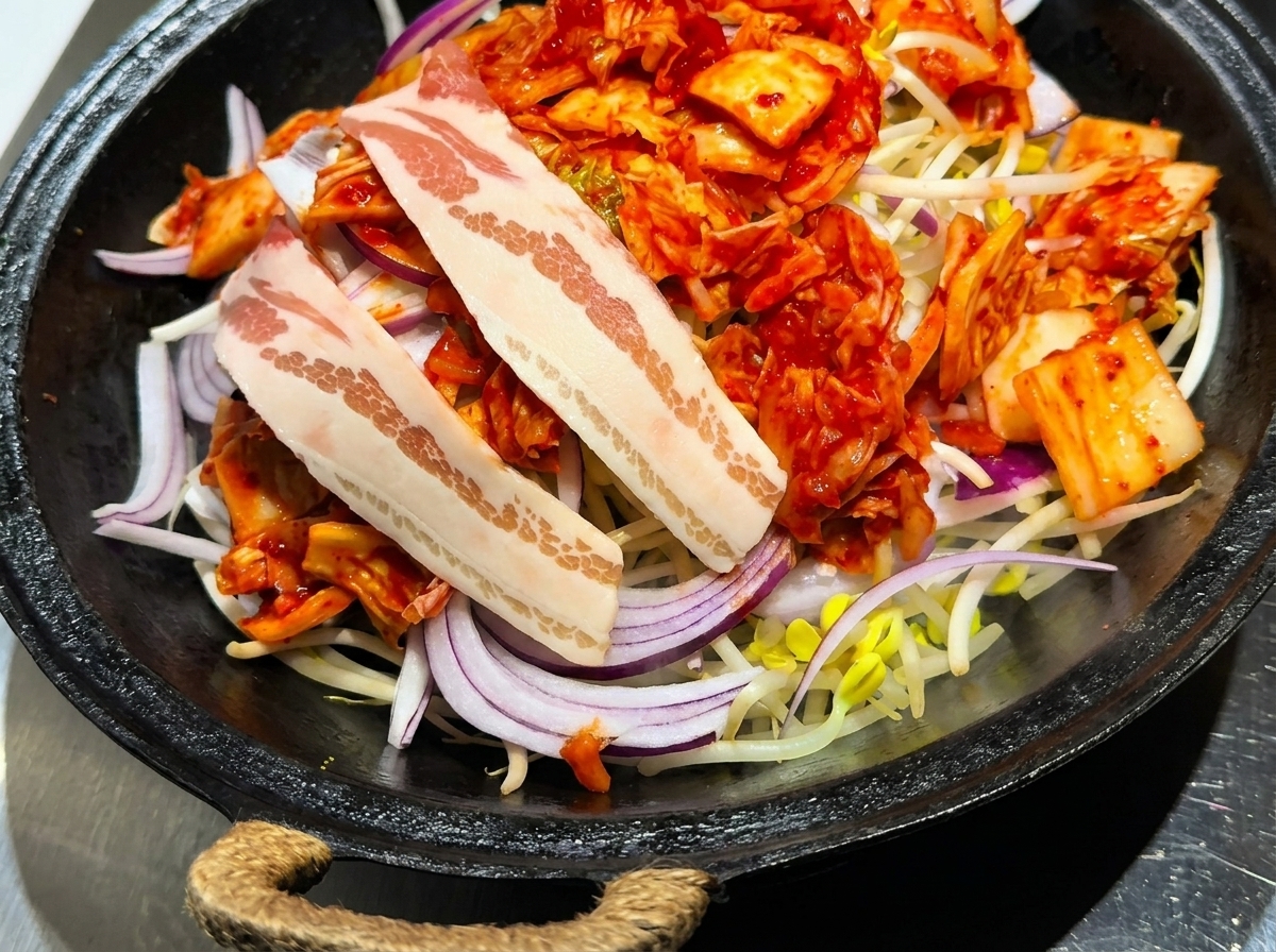 Fette di pancetta cruda disposte con cura sopra un letto di kimchi, cipolle e germogli di soia.