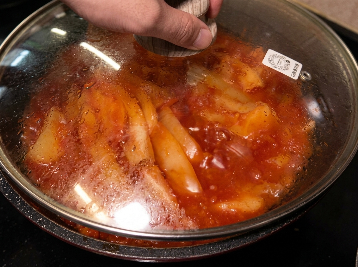 Un coperchio di vetro posizionato sulla padella per coprire il maiale e il kimchi.