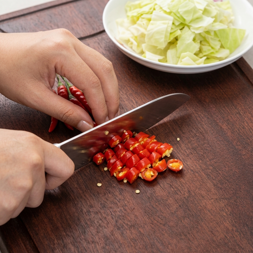 Mani che tritano peperoncini rossi brillanti in piccoli anelli su un tagliere di legno scuro accanto a una ciotola bianca di crauti.