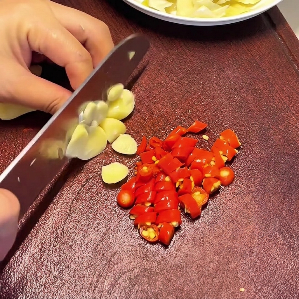 Una mano che usa un coltello per affettare finemente spicchi daglio crudo su un tagliere, vicino a un mucchietto di peperoncini rossi tritati.