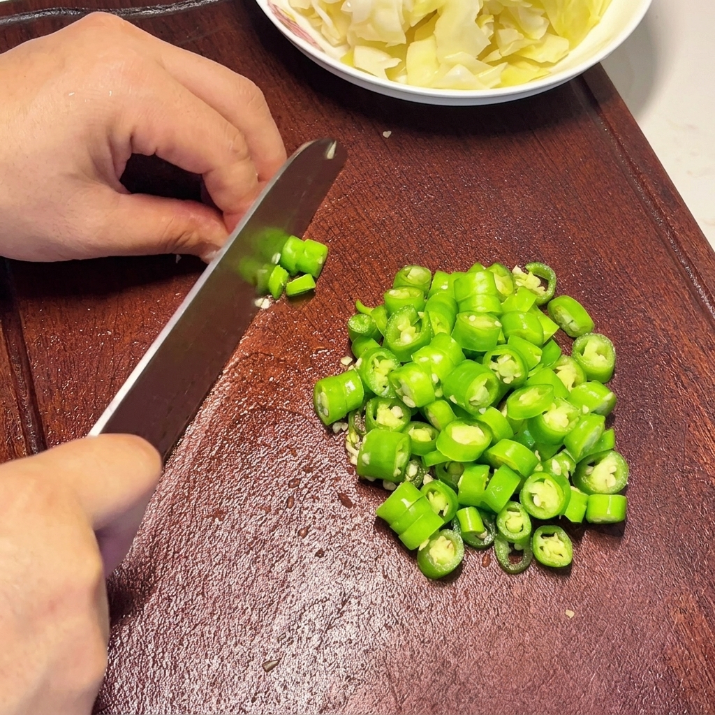 Mani che tritano peperoncini verdi vivaci in anelli uniformi su un tagliere di legno scuro.