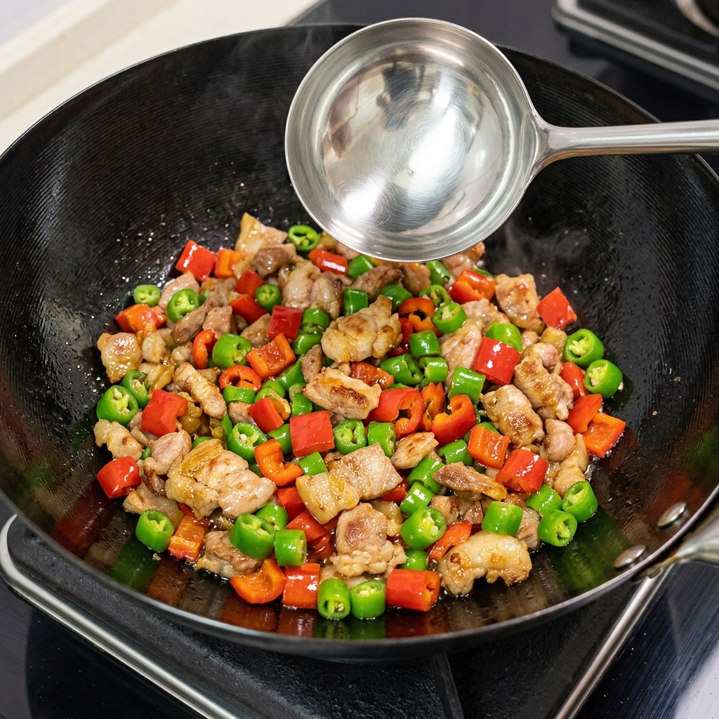 Peperoncini rossi e verdi tritati freschi e aglio tritato sparsi nel wok con il maiale in cottura.