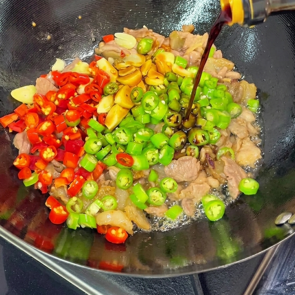 Versare salsa di soia scura da una bottiglia in un wok sfrigolante riempito con maiale a fette, spicchi daglio interi e peperoncini rossi e verdi tritati.