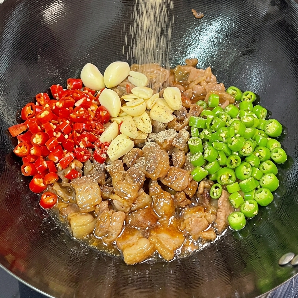 Pepe nero in polvere che cade dallalto su un mix di pancetta cotta, aglio e peperoncini freschi in un wok caldo.